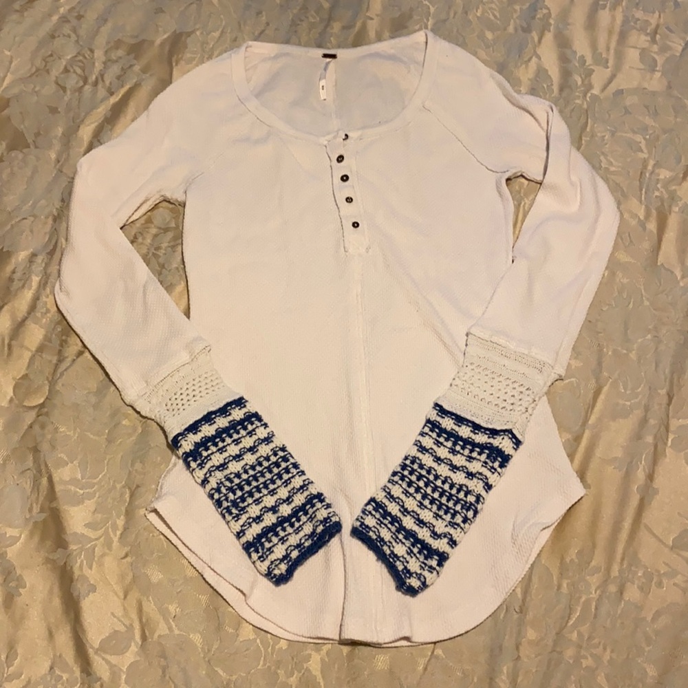 Free People Thermal white with blue knitted cuffs